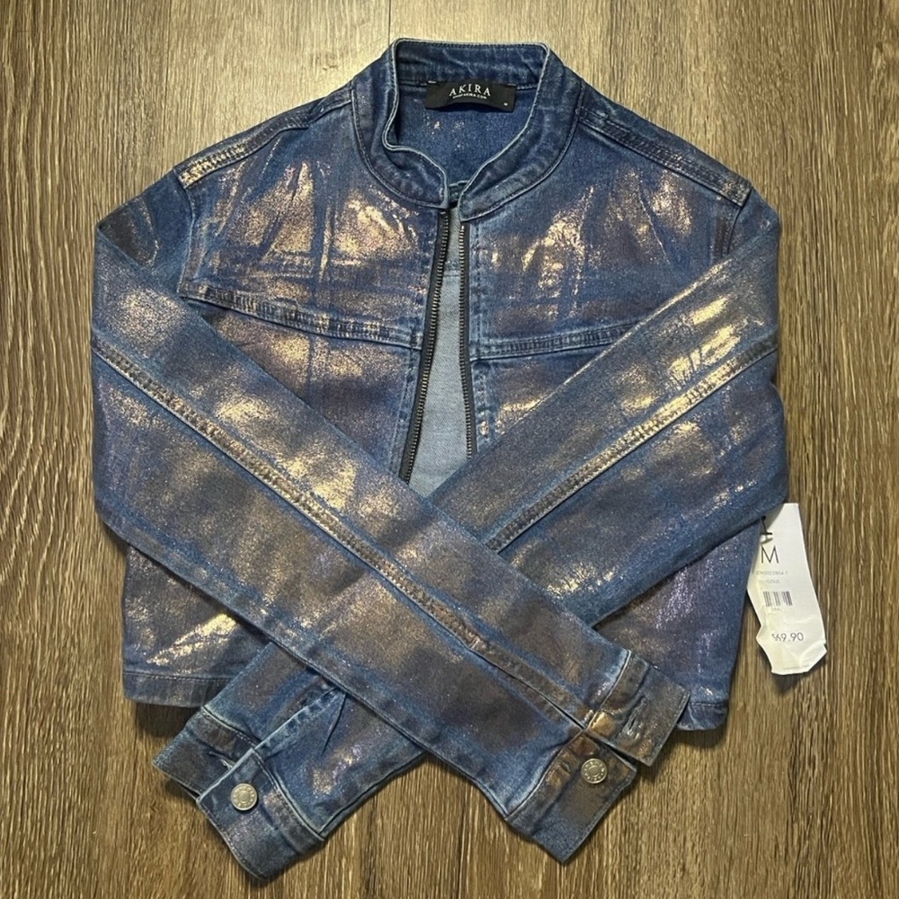 Akira Crop Jean Jacket With Metallic Rose Gold Size M FITS LIKE A SMALL